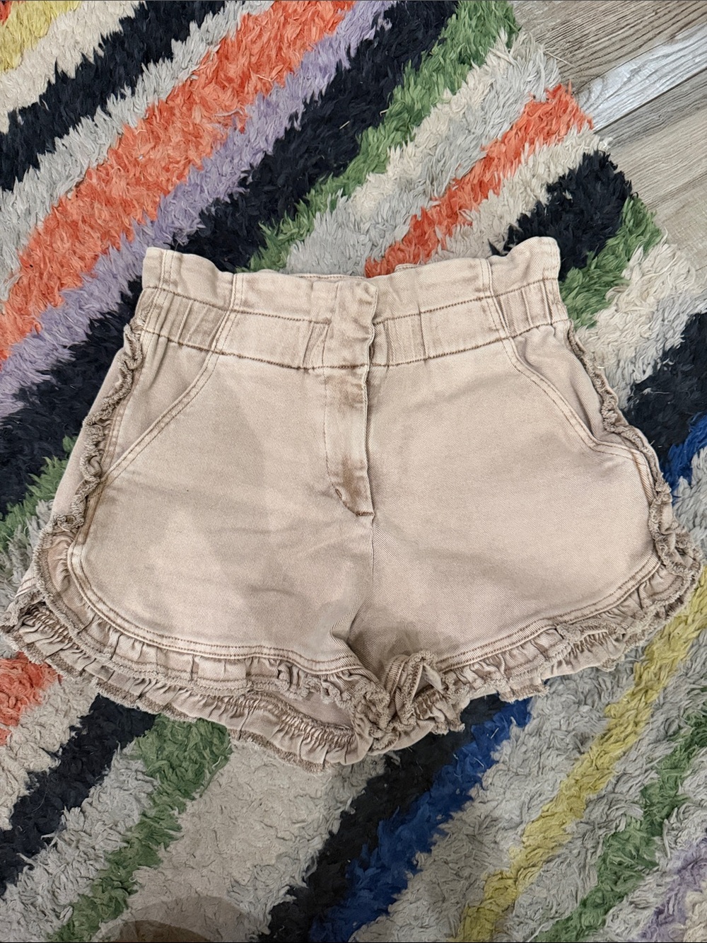 Dear John Ruffle Hem High-Waist Shorts in Light Beige
